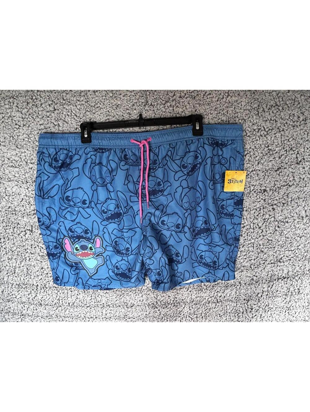 Disney Stitch Shorts Mens XXL Blue All Over Print Swim Trunks NWT